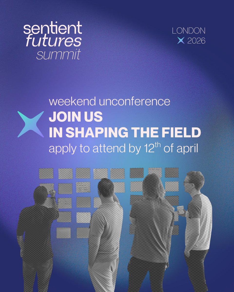 sentfutures's tweet photo. 📢 𝗔𝗽𝗽𝗹𝘆 𝘁𝗼 𝗮𝘁𝘁𝗲𝗻𝗱 𝘁𝗵𝗲 𝗦𝗙𝗦 𝗟𝗼𝗻𝗱𝗼𝗻 𝗨𝗻𝗰𝗼𝗻𝗳𝗲𝗿𝗲𝗻𝗰𝗲 𝗯𝘆 𝗦𝘂𝗻𝗱𝗮𝘆 𝟭𝟮𝘁𝗵 𝗔𝗽𝗿𝗶𝗹! Spaces are limited.

Following our conference on Friday 22nd May, we’re hosting a two-day unconference on Saturday 23rd and Sunday 24th May at the Ambitious Impact Office in Spitalfields. This will be a chance for attendees to create their own agenda, and shape the discussion on what emerging technologies mean for non-humans.

Due to limited space, we can only accept around 50 applicants. Given the success of last year’s unconference, we expect these spaces to be competitive – get your application in before 12th April to make sure you’re considered!

We look forward to hearing from you 😎