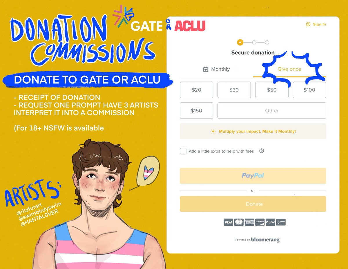 For Trans Visibility Day &amp; #transpittweek I and <a href="/HANTAL0VER/">ji 🐎</a> &amp; <a href="/swimbirdyswim/">birdie</a> will be opening commissions until Sunday the 5th of April! - One donation = art pieces‼️

Donate either to GATE or ACLU!

Information on both organizations and instructions how to commission us below ⬇️