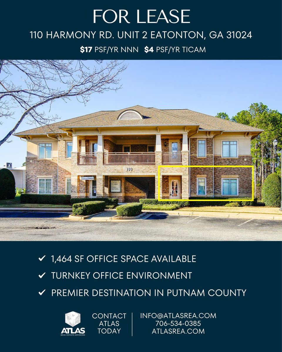 AtlasAthens's tweet photo. Lake Oconee Office Opportunity:📍 110 Harmony Rd, Suite 2, Eatonton, GA

1,464 SF turnkey office located in Harmony Crossing with private offices and ample parking. Positioned in one of the area’s fastest-growing markets.

#CRE #OfficeSpace #LakeOconee #CommercialRealEstate https://t.co/97Gj01bzir