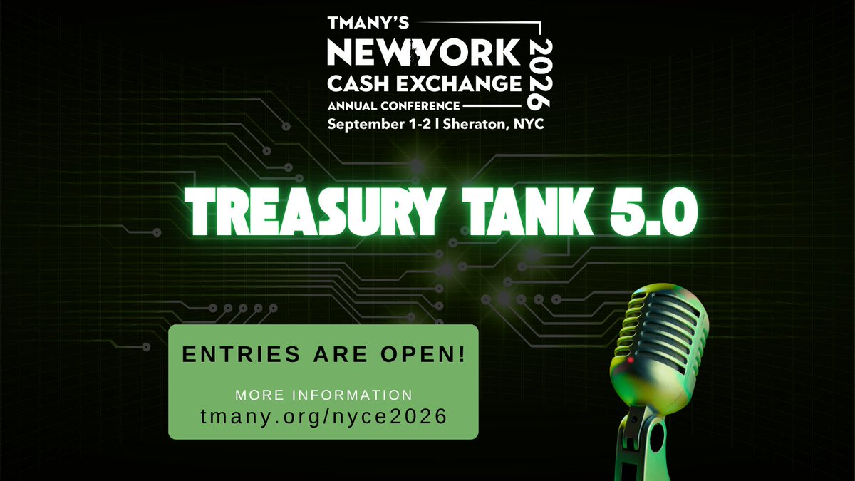 Built something that makes treasury+finance faster or safer? Treasury Tank (NYCE 2026) is a live pitch-style session for real-world solutions-payments, forecasting, fraud controls, automation, reconciliation, visibility. Submit your entry tmany.org/nyce2026 #TMANY #NYCE2026