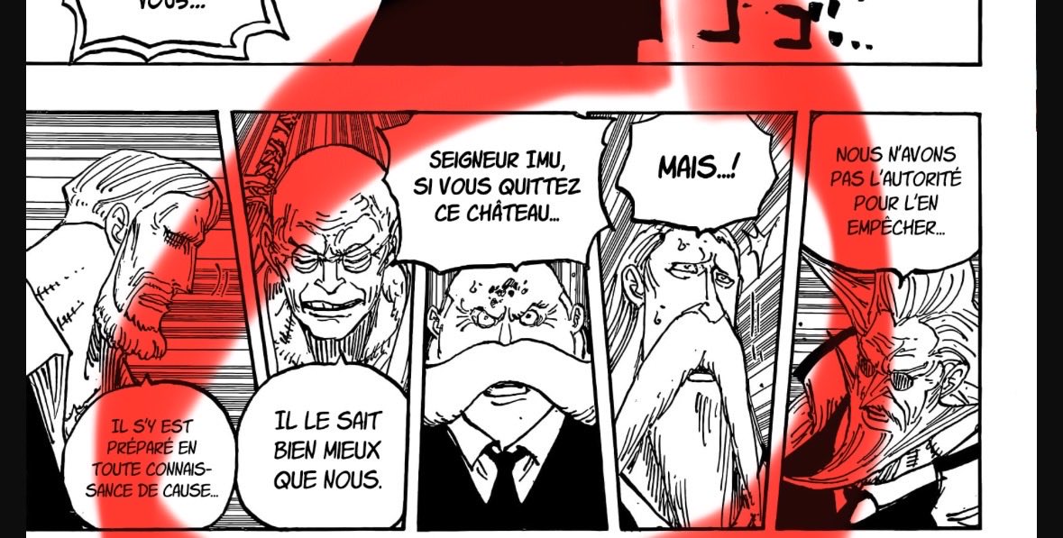 LeH13440's tweet photo. #ONEPIECE1179 

J’avais une théorie depuis longtemps : quand le haki des rois  de Joy Boy a traumatisé Imu, je me suis dit que, vu sa réaction et le fait qu’elle ne sorte jamais de Marie Joie, Joy Boy lui avait forcément fait quelque chose de très grave. À mon avis, il n’est pas mort simplement comme ça. Imu garde des séquelles de son combat contre lui, ce qui expliquerait pourquoi elle ne peut pas sortir. Soit elle est malade, soit Joy Boy lui a infligé une sorte de malédiction  ou en tout cas quelque chose qui l’affecte encore aujourd’hui. Ce chapitre me donne encore plus d’infos qui vont dans ce sens.