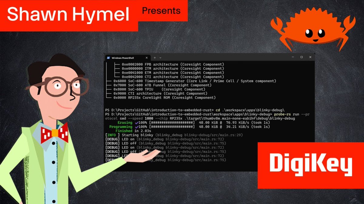 ShawnHymel's tweet image. Time for another embedded #Rust video! I demonstrate how to use defmt and step-through debugging to analyze a running program. Check out the video to learn more!
👇
Link in replies

#embedded #microcontroller #programming @digikey