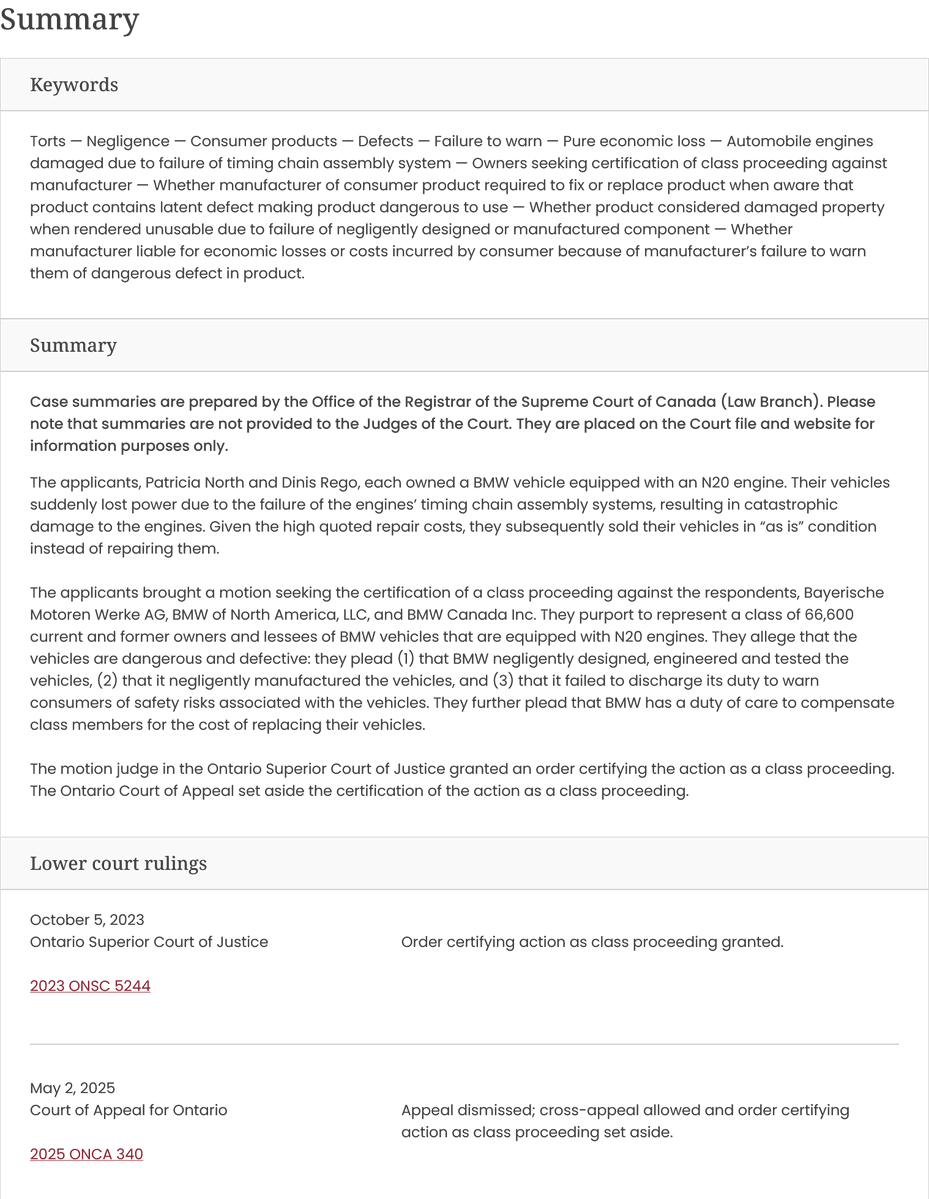 LawScribes's tweet image. Supreme Court Canada dismissed 18 leaves to appeal and granted one. #SCC to hear #classaction certification case involving #BMW engine defects. ONCA set aside certification.