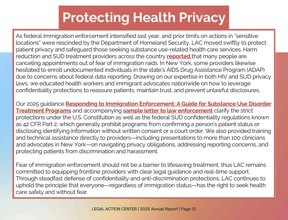 lac_news's tweet image. Fear of immigration enforcement shouldn’t be a barrier to lifesaving care! LAC is supporting #addictiontreatment providers w/ clear guidance on #patientprivacy &amp;amp; sample ltrs on how to respond to law enforcement. More on pg 13 of our latest annual report: bit.ly/LAC2025AR