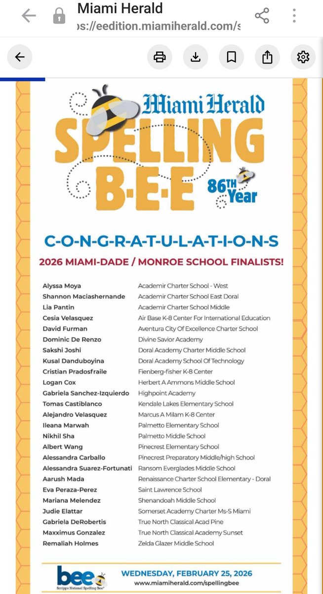 gewaifel's tweet photo. @miamiherald CONGRATULATIONS 
@Judie Elattar  from @somersetacademyinc @academica for winning top 6 among the BEST Middle school and Elementary spellers in Miami Dade County and Monroe Miami Herald Finalists. We are extremely proud of you STAR &amp; THE REAL CHAMPION https://t.co/4jlR2ZzR6V