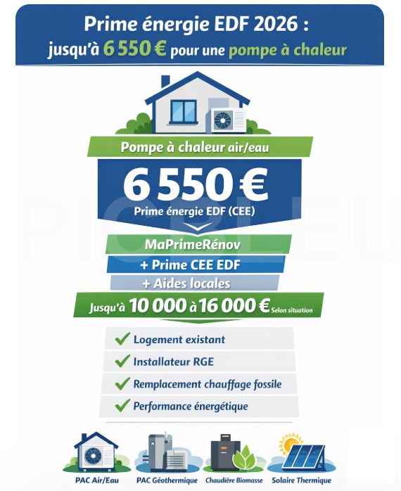 La Prime énergie EDF augmente en 2026 avec 6 550 € pour une pompe à chaleur cumulés avec MaPrimeRénov’, l’éco-prêt à taux zéro ou la TVA réduite, L’isolation du logement reste la priorité pour maximiser les économies picbleu.fr/les-articles/p…
