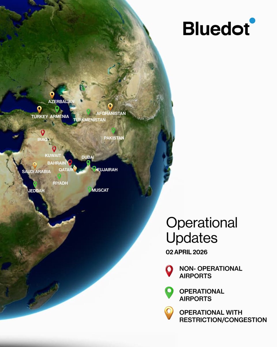 bluedotair's tweet photo. Operational conditions across the Middle East remain dynamic. Evacuation services are currently accessible via Turkey, Armenia, Turkmenistan, Afghanistan, Pakistan, Saudi Arabia , Qatar&amp; Azerbaijan. Iraq, Kuwait, Bahrain remain restricted. 

📞 +971 55 188 1441 | +91 974 541 0000 https://t.co/MxDBAYmtt6