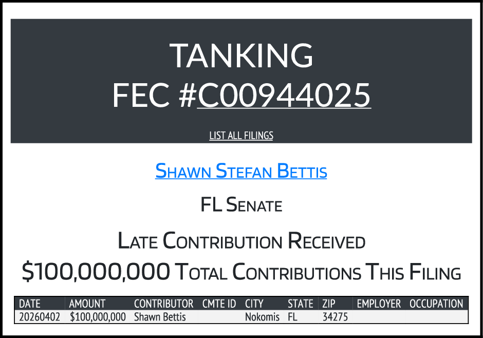 CATargetBot0001's tweet image. NEW FEC F6
BETTIS, SHAWN S (DEM) #POTUS
$100,000,000 From 1 Transaction
docquery.fec.gov/cgi-bin/forms/…