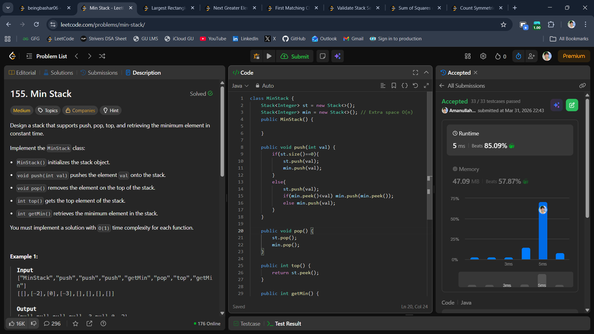 beingbashar06's tweet photo. #Day86 of #100DaysOfCodeChallenge

Solved multiple stack-based.

• Min Stack
• Largest Rectangle in Histogram
• Next Greater Element I
• Validate Stack Sequences
• Count Symmetric Integers
• Sum of Squares of Special Elements
• First Matching Character From Both Ends
 #DSA https://t.co/P0xIa3CA9z
