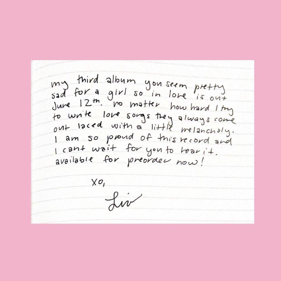 #オリヴィア・ロドリゴ
ニュースレターより

「私の3枚目のアルバム
『you seem pretty sad for a girl so in love』が6月12日にリリースされます。

どれだけラブソングを書こうとしても、
どうしても少し切なさが混ざったものになってしまうの。
この作品を本当に誇りに思っているし、