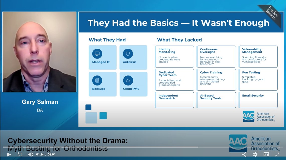 Most orthodontic practices think they’re protected because they have an IT company, backups, are “in the Cloud”, use antivirus, etc. 

In this myth-busting webinar, Gary Salman joins Dr. Lisa Alvetro to separate cybersecurity fact from fiction. Watch Now @
blacktalon.co/4e5EhDk