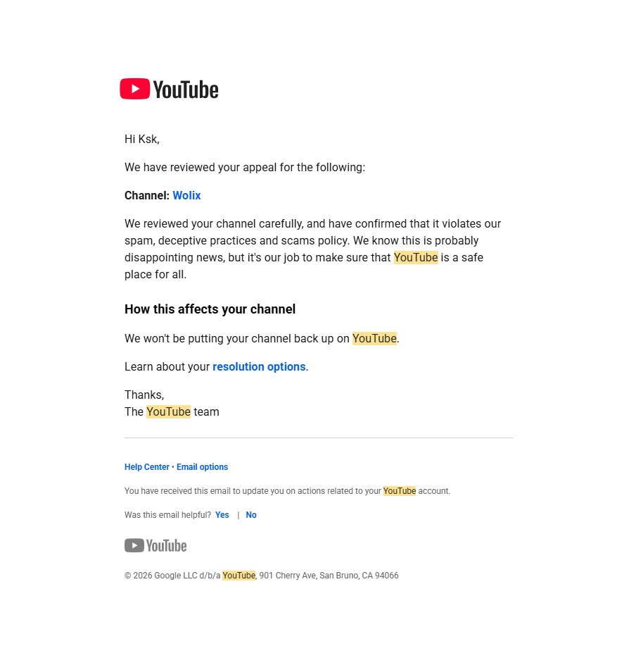 hi <a href="/TeamYouTube/">TeamYouTube</a> , my channel was terminated because of spam policies, but i think this decision was made in error. i had only 3 shorts on the channel and they were all made originally by me, with hours of editing. there was no harmful links etc. 

can i get some help about this?