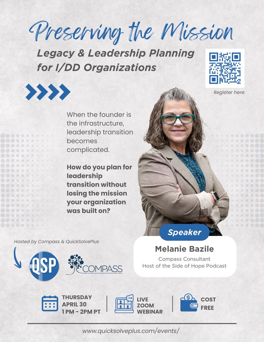 What happens to the mission when leadership changes?

In I/DD services, transitions are personal—and important to get right.

Join us April 30 for a conversation on legacy &amp; leadership planning.

🗓 April 30 | 🕐 1–2 PM PT
💻 Live Zoom

Register: us06web.zoom.us/webinar/regist…