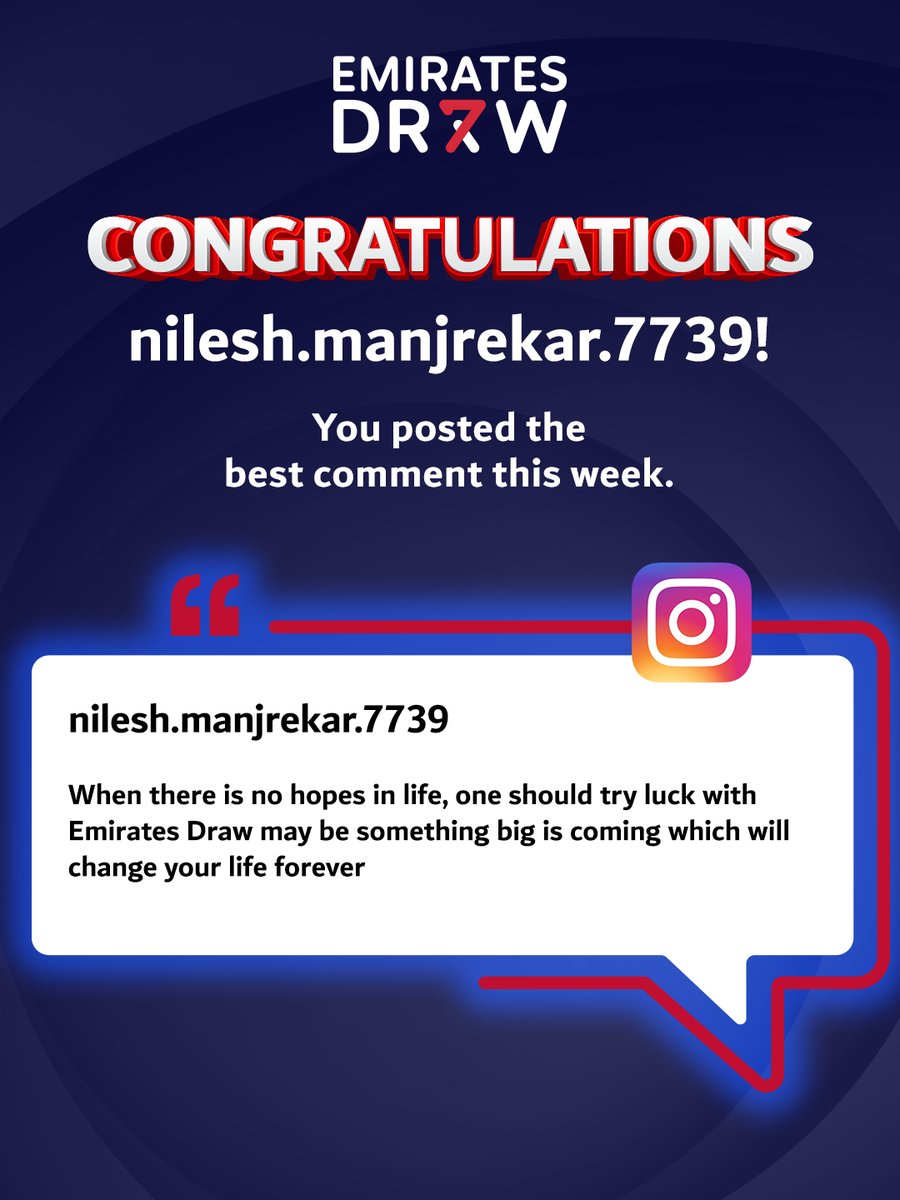 emiratesdraw's tweet image. Congrats to Nilesh for dropping this week’s standout comment! 🎉
A FREE PICK1 ticket is now yours! 🎟️
Want to get featured next? Keep the comments coming! While you're at it, test your luck on emiratesdraw.com ✨

#CommentOfTheWeek #EmiratesDraw #EDPICK1