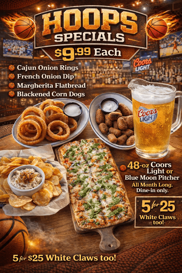 crookedpint's tweet photo. 𝑯𝒐𝒐𝒑𝒔 𝑺𝒑𝒆𝒄𝒊𝒂𝒍𝒔 - $9.99 Each

Join us for finals!!

Cajun Onion Rings
French Onion Dip
Margherita Flatbread
Blackened Corn Dogs
48-oz Coors Light or Blue Moon Pitcher

Join us for the last game! Dine-in only.

5 for $25 White Claws too! https://t.co/Eh9WZG0f6m