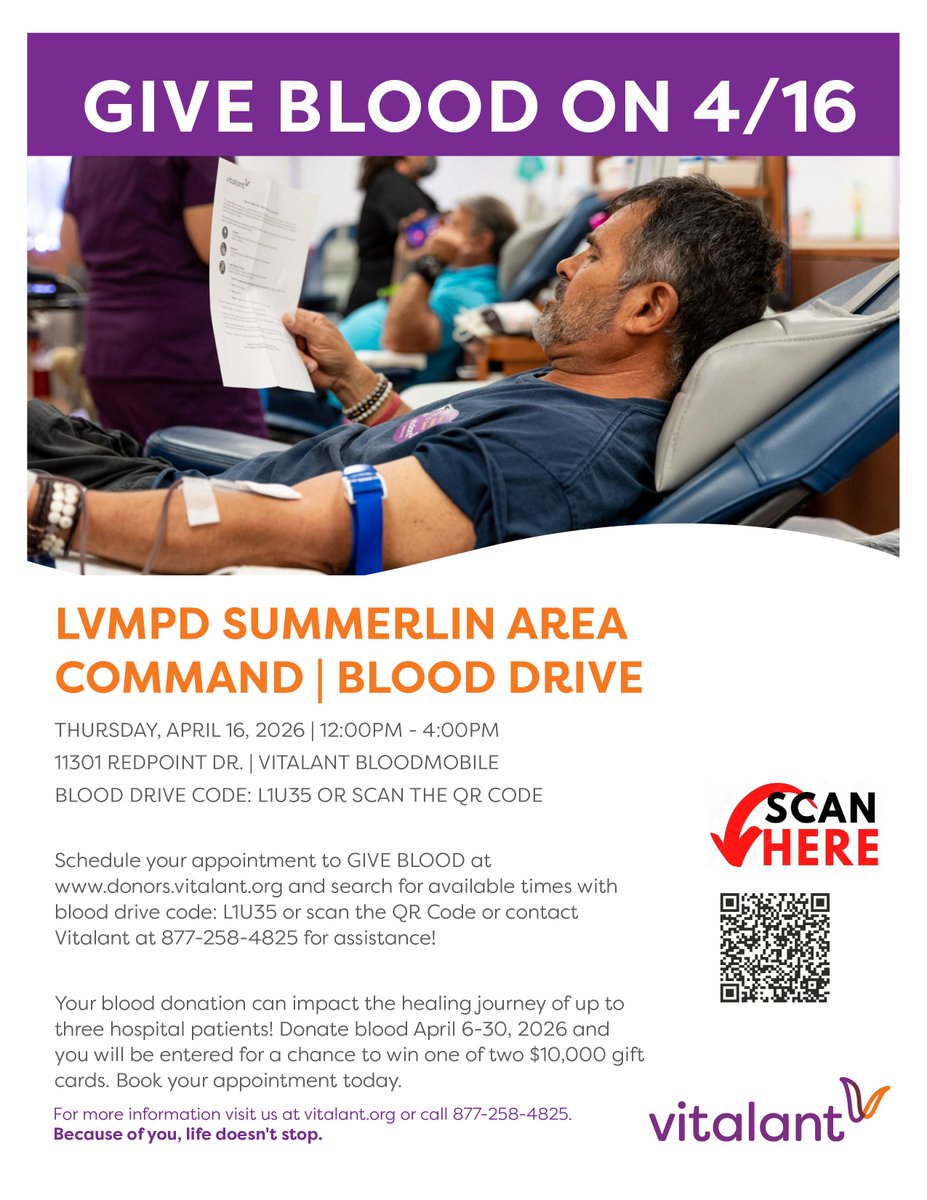LVMPD_Summerlin's tweet image. 🩸Be a #LifeSaver! Save the 🗓️- join us Thursday,  4/17 between 12pm and 4pm as we partner with @vitalant and host a blood drive. Their Bloodmobile will be in front of our station at 11301 Redpoint Dr, Las Vegas, NV.  Appointments are required, book yours now! @lvmpd @summerlin