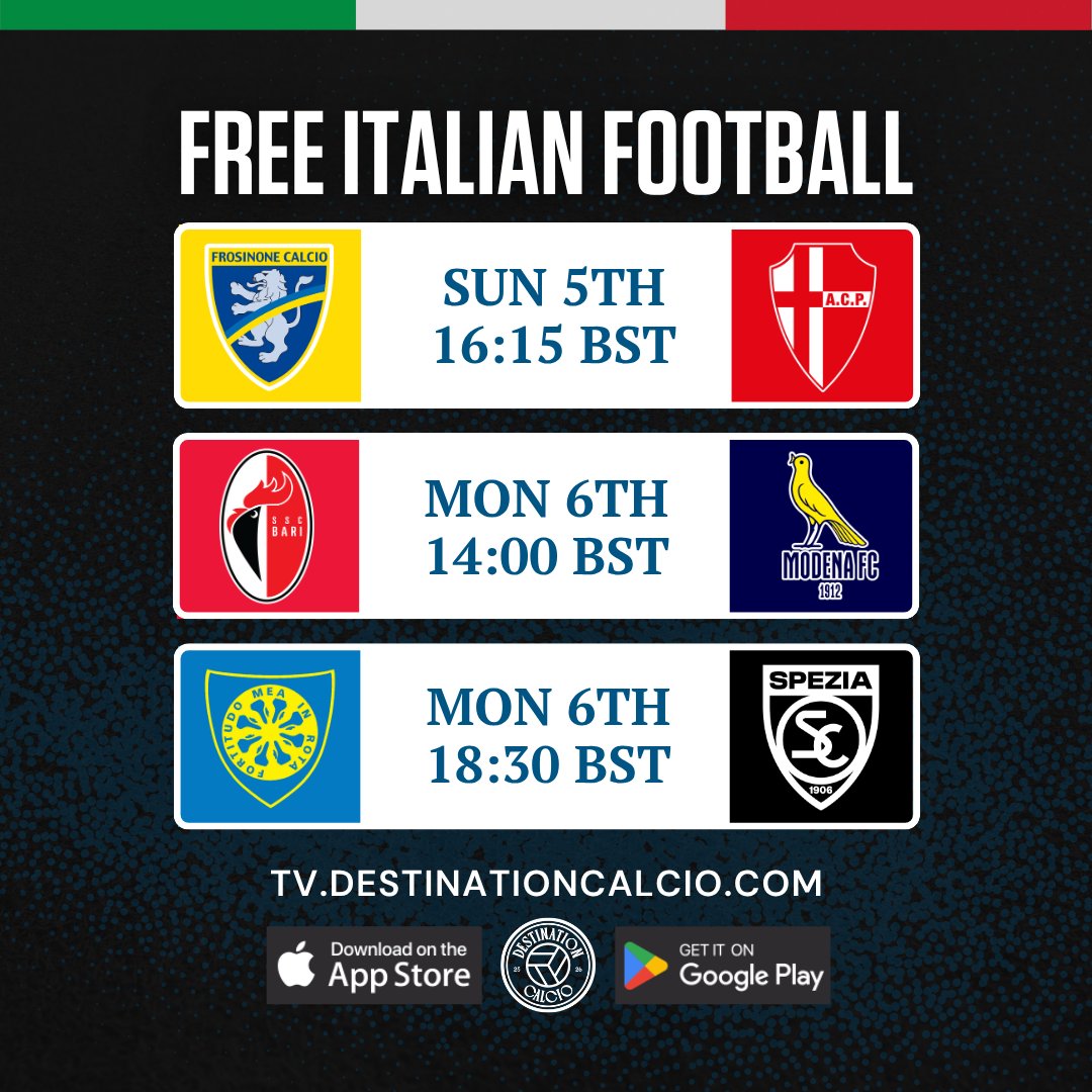 DstnCalcio's tweet photo. 📡 Watch live Serie B this Easter on Destination Calcio
🛰️ 🇦🇷🇻🇪🇺🇸🇯🇲🇮🇪🏴󠁧󠁢󠁥󠁮󠁧󠁿🏴󠁧󠁢󠁳󠁣󠁴󠁿🇧🇷🇬🇹🇵🇪🇲🇽🇨🇦🇨🇴🏴󠁧󠁢󠁷󠁬󠁳󠁿🇬🇧 

Download our Free DCTV app:
🍎 https://t.co/6lZ6ixQqJ9
📲 https://t.co/LsH2rOCutY

#FrosinonePadova #BariModena #CarrareseSpezia https://t.co/XNXUXQfZ7Y