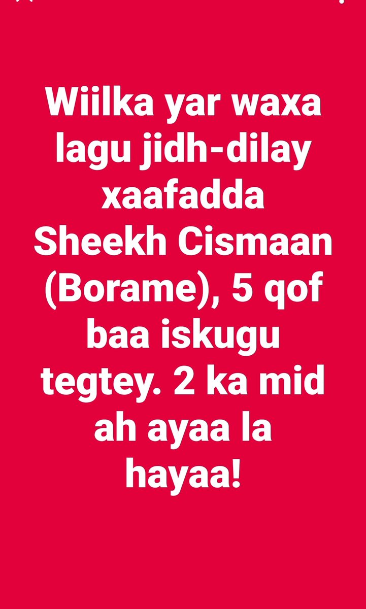 Abdirahman155A's tweet photo. #DEGDEG #Borame
Ilyaas Dharaar Cali (Dhukur), oo ka soo jeeda beesha Ciise, ayaa dhaawac culus loogu geystay magaalada Boorama.
Haatan waxaa lagu daweynayaa Isbitaalka Xidig ee xaafadda Sh. CISMAAN ee Boorama.
By Deegaan Media.
Gunimo guri gadabursi bay tala.๐ฏ https://t.co/1vcePinmXV