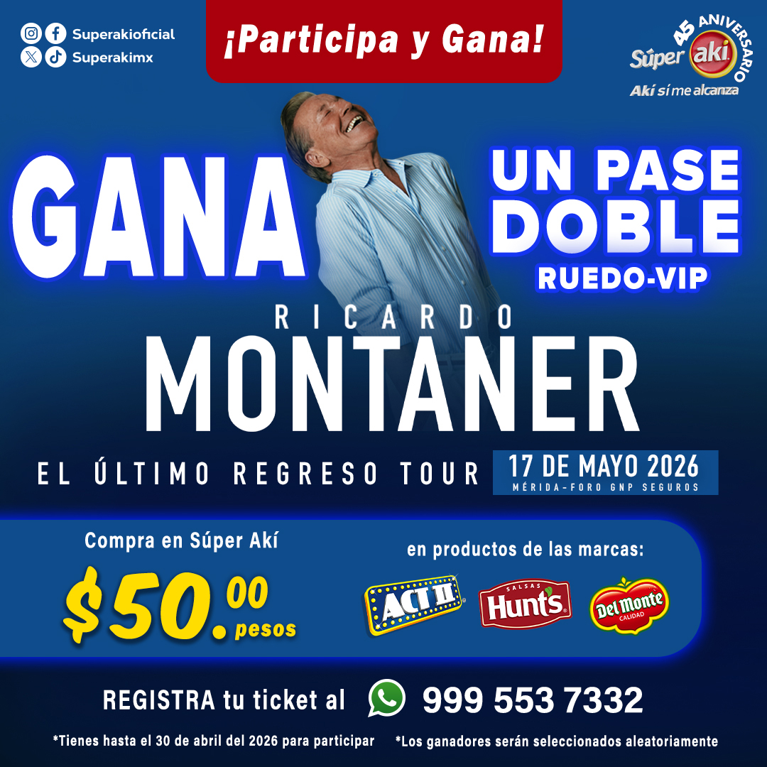 GANA UN PASE DOBLE!

Participa por un pase doble en Ruedo VIP para El Último Regreso Tour de Ricardo Montaner.

📅 Tienes hasta el 30 de abril de 2026

Los ganadores serán elegidos de manera aleatoria.
Consulta Términos y Condiciones:
promos.superaki.mx/gana-un-pase-d…"