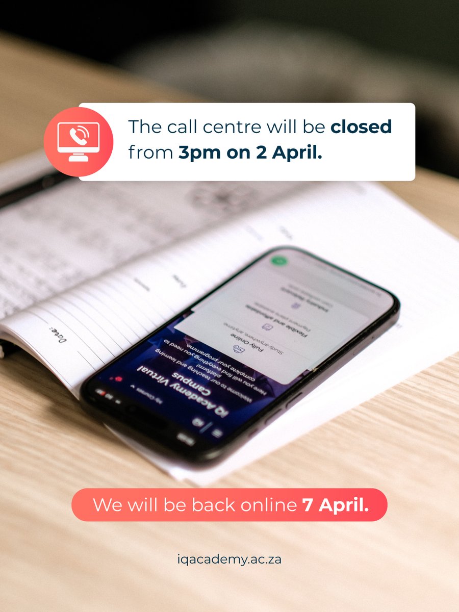 IQAcademySA's tweet image. Thank you for your patience! We’ll be back online as per normal operating hours from 7 April.

You’re welcome to contact us in the meantime using the link below and we’ll get back to you 😊

iqacademy.ac.za/contact-us/

#SouthAfrica #EducationPartner #OnlineCourses