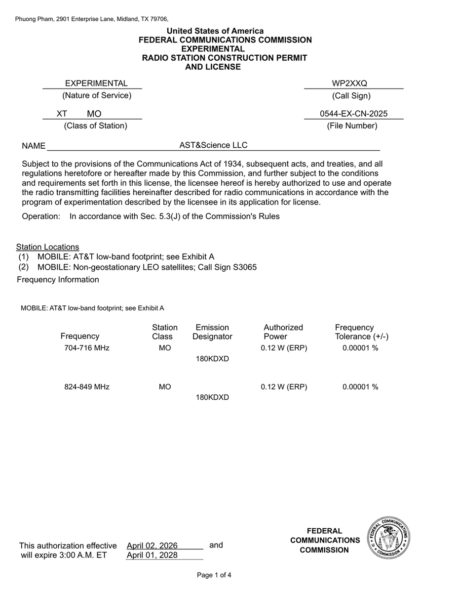 Reception License 🚨🚨 $ASTS AST& - FCC Docket 0544-EX-CN-2025 This document is an ...