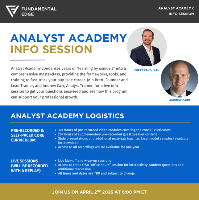 FundamentEdge's tweet photo. For those of you interested, Andrew and I will be hosting an information session for the April 6th cohort of Analyst Academy at 6pm ET today. 

While the hottest thing in investment research is AI, Andrew likes to say "you can't AI your way out of a bad process". We believe in a world of investing process rapidly shifting to "Exoskeleton" that a rigorous process "Skeleton" is more important than ever. 

Analyst Academy is designed to do just that, help you build a rigorous, institutional-grade investment process.

Additionally, this will be the first Analyst Academy cohort where we will integrate some AI investment process workflows in live sessions for the cohort.

Would love to see you this afternoon!

Brett