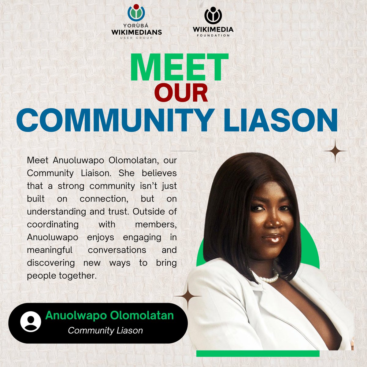 Wikimediayo's tweet photo. Meet Anuoluwapo Olomolatan, the force bridging voices and creating spaces where ideas, culture, and people come alive. 
For her, community isn’t just about gathering people.  It’s about building trust, sparking meaningful conversations, and turning connections into impact. https://t.co/vVitgXPgLV
