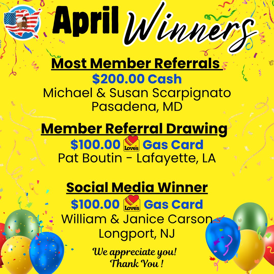 PassportAmerica's tweet photo. 🎉Congratulations to this month's raffle winners - Michael & Susan, Pat, and William & Janice! 🎉

A big thank you goes out to everyone who participated by referring friends and campers to join Passport America! Keep referring for a chance to win next month!

We appreciate you! ❤️