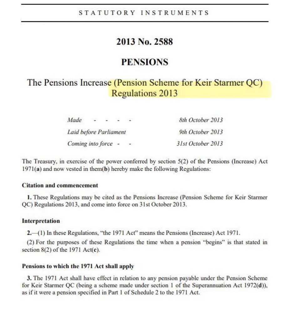 While we’re all being encouraged to argue over the state pension and who “deserves” it, here’s a nice little statutory instrument from 2013:  

The Pensions Increase (Pension Scheme for Keir Starmer QC) Regulations 2013 — quietly tucking the former DPP’s scheme into the official