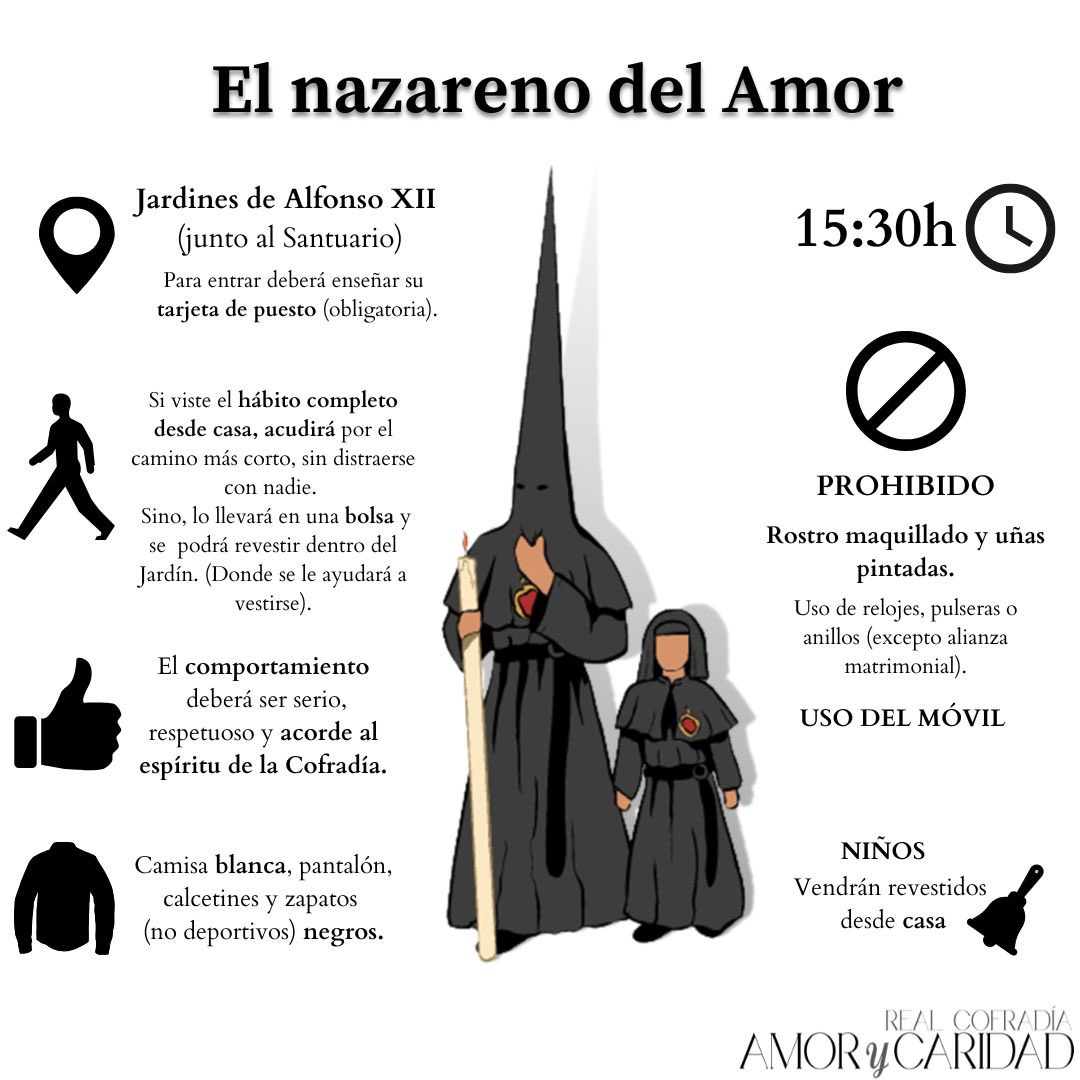 ➡️ INDICACIONES PARA LA PROCESIÓN

¡Mañana es Viernes Santo! Ante la llegada de este día, recordamos las instrucciones para nuestra salida procesional.

🕒 HORARIO
• 15:30: Llegada de los nazarenos a los Jardines de Alfonso XII (Santuario de la Victoria).
• ⁠16:00: Llegada de