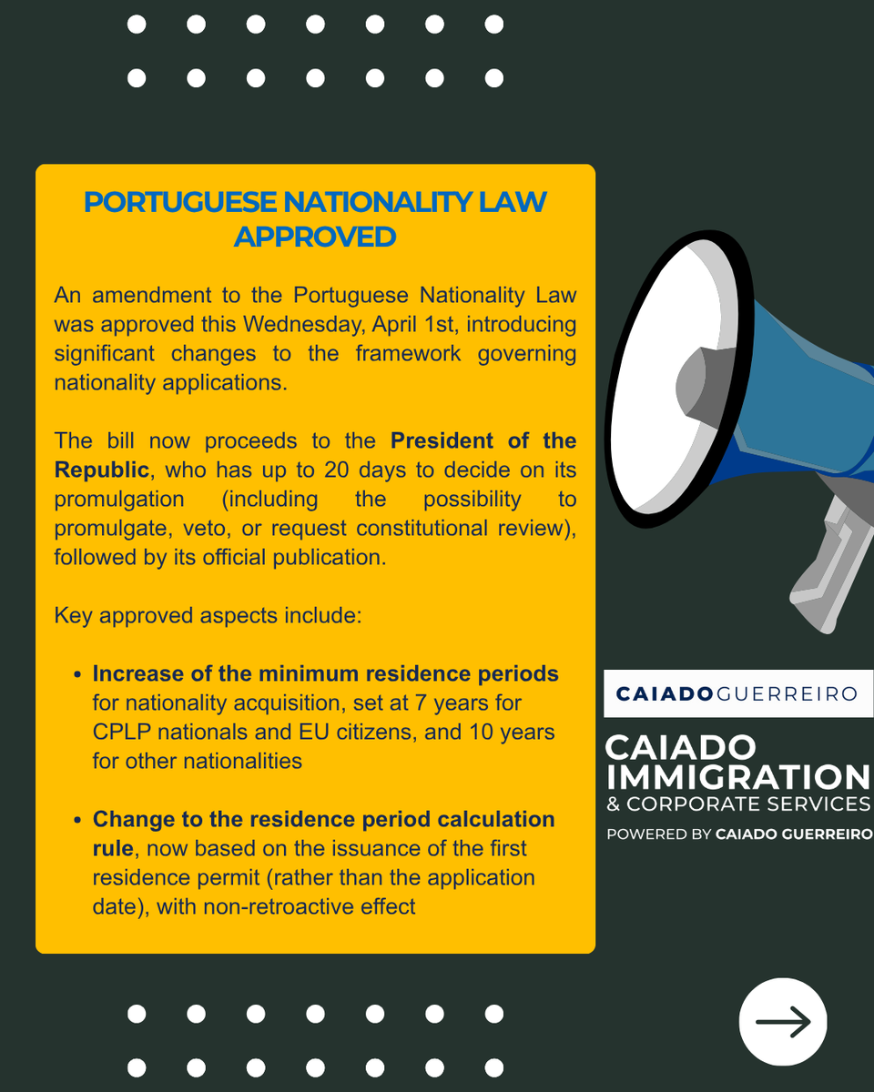 CImmigrationCS's tweet photo. An amendment to the Portuguese Nationality Law was approved this Wednesday, April 1st, introducing significant changes to the framework governing nationality applications.

We will continue to closely monitor further developments and their practical application.

#ImmigrationLaw https://t.co/Fw61gkQU5s