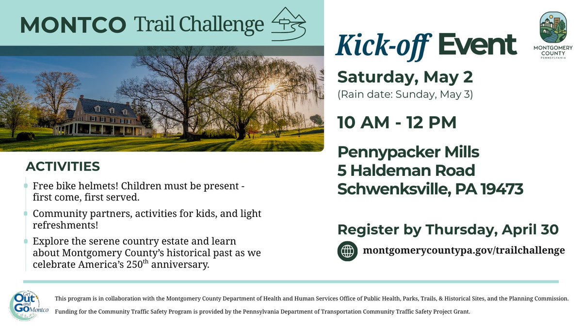 HHSMontcoPA's tweet image. The 2026 #MontcoTrailChallenge is kicking-off with a #CommunityEvent at #PennypackerMills on 5/2. We'll have FREE bike helmets for kids at the event on a first come, first serve basis. 🚲

forms.cloud.microsoft/r/VxdeaZ0ahz
#Trails #MontcoTrails #BeSafePA