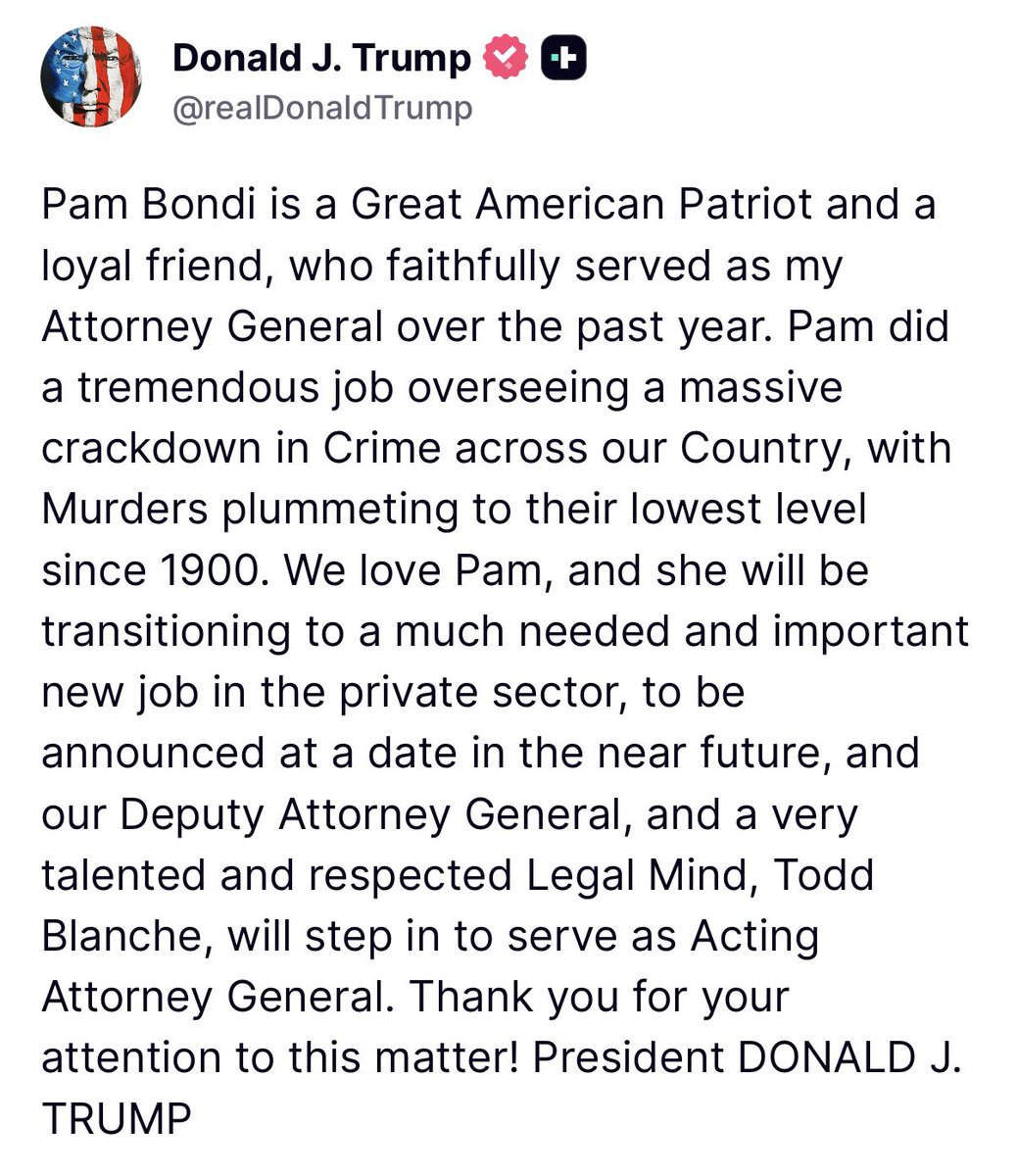 🚨 BREAKING: President Trump confirms Pam Bondi is out as Attorney General.