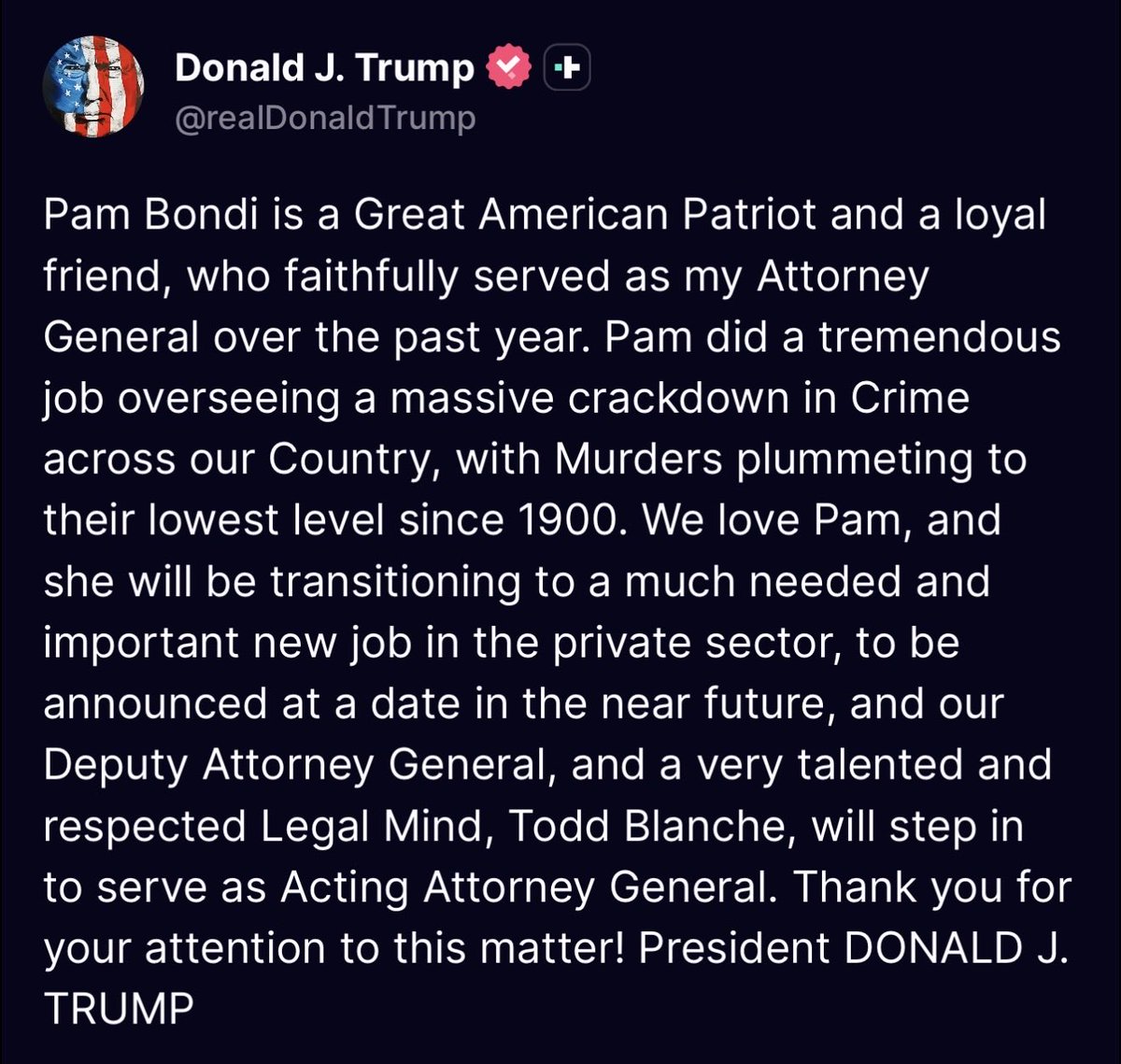 🚨 Breaking: Pam Bondi stepping down as Attorney General after a major focus on crime.

President Trump bringing in Todd Blanche next big decision.

Is it the right move MAGA supporters?