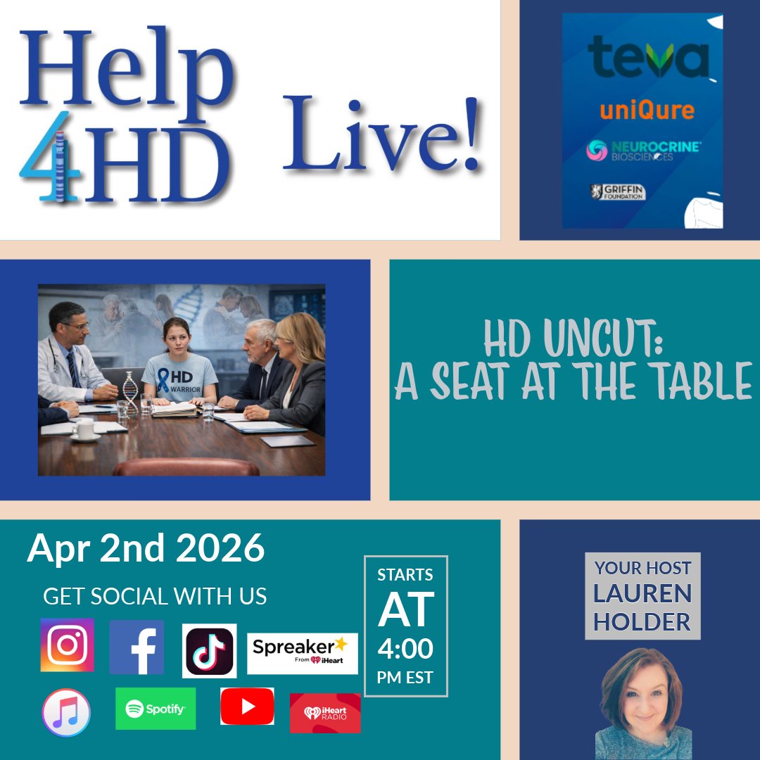 laurencurehd's tweet photo. Make sure to tune in TODAY at 4 pm EST. @Help4HDI #Help4HDLive #podcast #raredisease #huntingtonsdisease https://t.co/VSWKEVgG1h