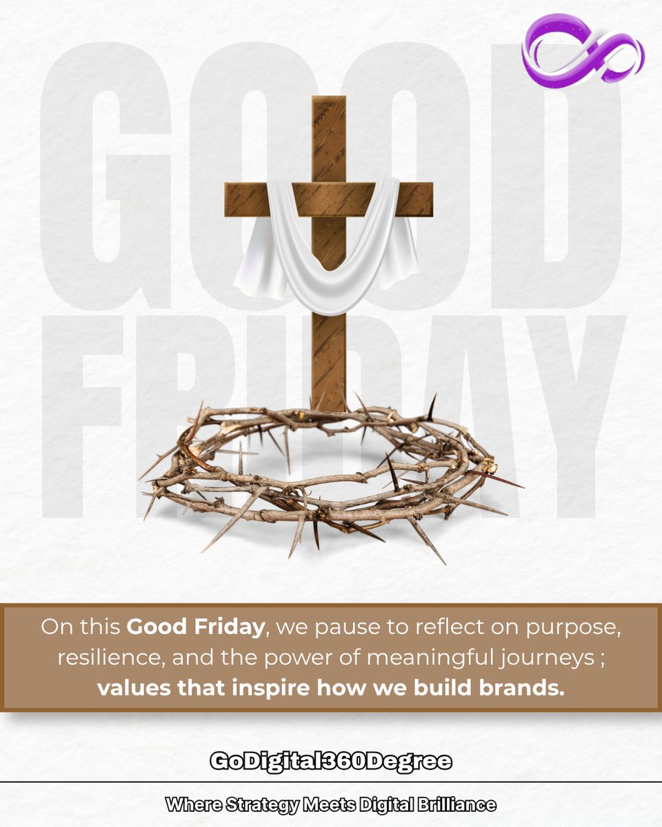 GD360degree's tweet photo. On this Good Friday, we pause to reflect on the values of patience, sacrifice, and purpose.

At GoDigital360Degree, we believe growth is not just about visibility but about creating impact with purpose.

#GoDigital360Degree #GoodFridayReflection #PurposeDrivenBrands #Marketing https://t.co/qL0IwZ8CKJ