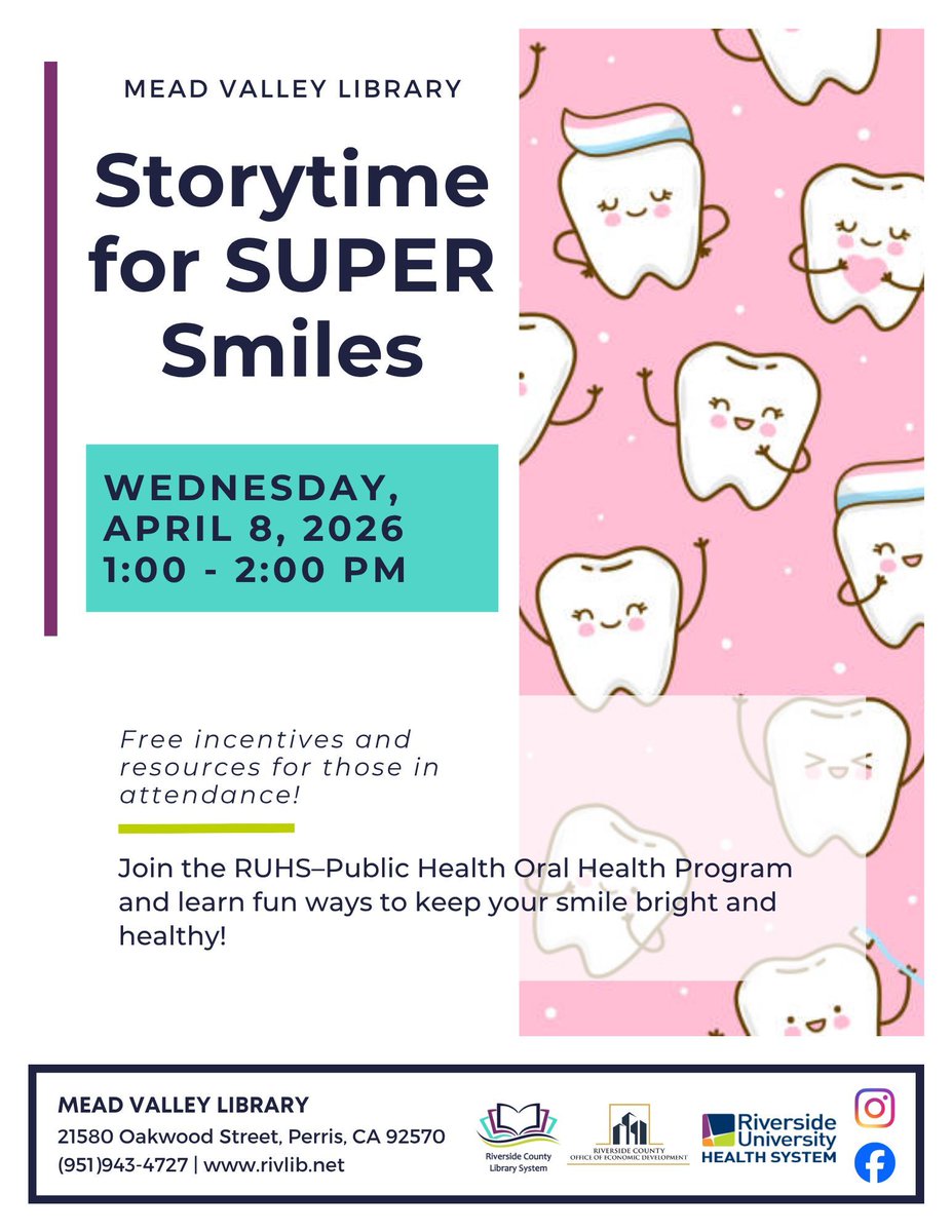 MeadValleyLib's tweet photo. Hello everyone! BRACE yourself for a fun storytime next Wednesday, where we will be learning all about dental hygiene with a special friend! Don't miss it 😉
📆 Wednesday, April 8th
🕑 1 - 2 PM https://t.co/0vm6hcxLgf
