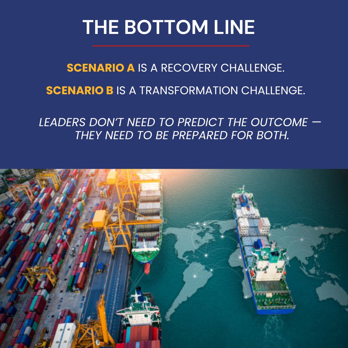 SCANAssociation's tweet photo. Two scenarios. Two very different supply chain challenges.

A swift end to conflict doesn’t mean a quick return to normal—recovery takes time, coordination, and disciplined execution.

A prolonged conflict, on the other hand, shifts the challenge entirely—forcing organizations to rethink how their supply chains operate under sustained disruption.

The key isn’t predicting which scenario will unfold.
It’s preparing for both.

This post is based on insights from BSI Consulting’s report, “What the Middle East Conflict Means for Supply Chains: Two Roads from Here” (March 2026).

#SupplyChain #RiskManagement #Logistics #Operations #Leadership #Resilience #GlobalTrade