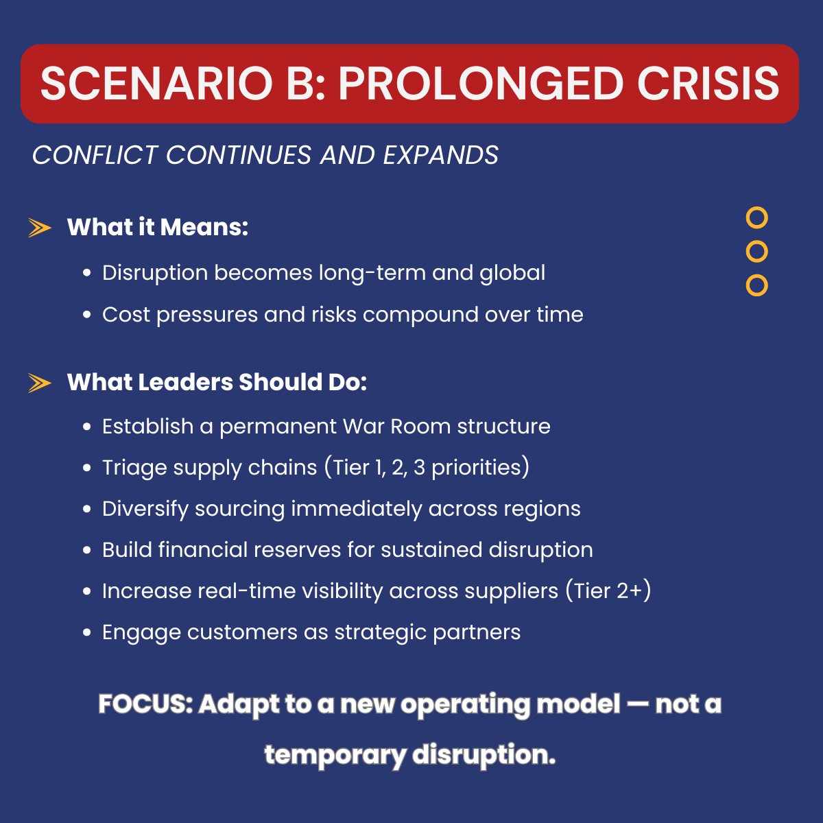SCANAssociation's tweet photo. Two scenarios. Two very different supply chain challenges.

A swift end to conflict doesn’t mean a quick return to normal—recovery takes time, coordination, and disciplined execution.

A prolonged conflict, on the other hand, shifts the challenge entirely—forcing organizations to rethink how their supply chains operate under sustained disruption.

The key isn’t predicting which scenario will unfold.
It’s preparing for both.

This post is based on insights from BSI Consulting’s report, “What the Middle East Conflict Means for Supply Chains: Two Roads from Here” (March 2026).

#SupplyChain #RiskManagement #Logistics #Operations #Leadership #Resilience #GlobalTrade