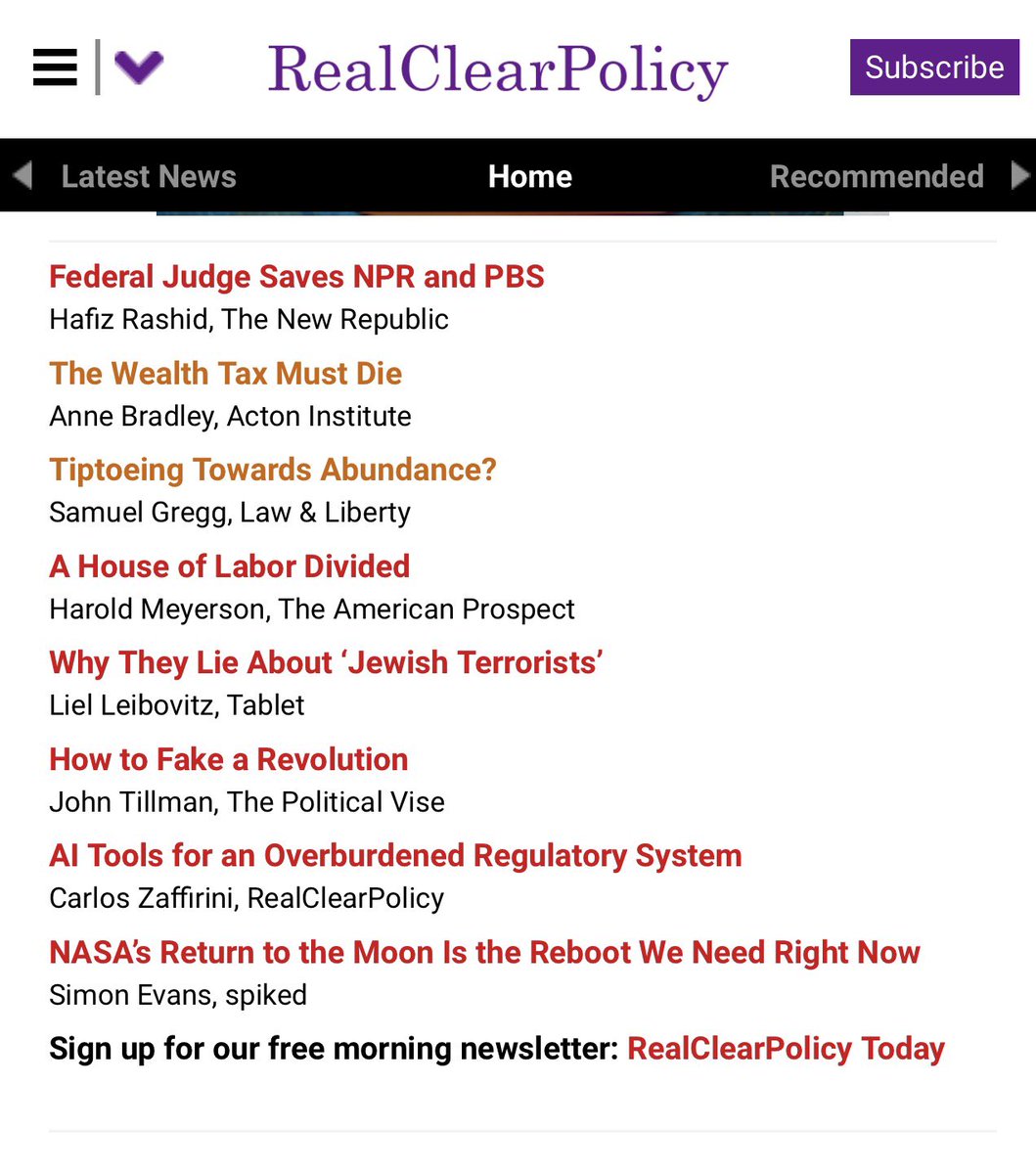 DrSamuelGregg's tweet image. Thanks @realclearpolicy for highlighting my @lawliberty article on the problems with the #abundance agenda. Very happy that it is right next to an excellent @acton article on the problems of wealth taxes by the great @anne_r_bradley . 🧵1/3