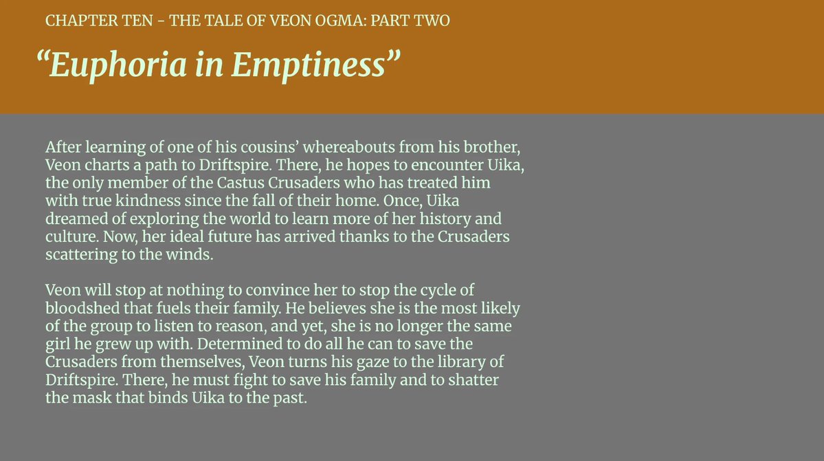 Chapter ten is approaching fast! This time, we'll be continuing Veon's adventure as he plans to speak with his cousin, Uika, about their inclination for bloodshed. Check it out when the chapter drops on April 8th!