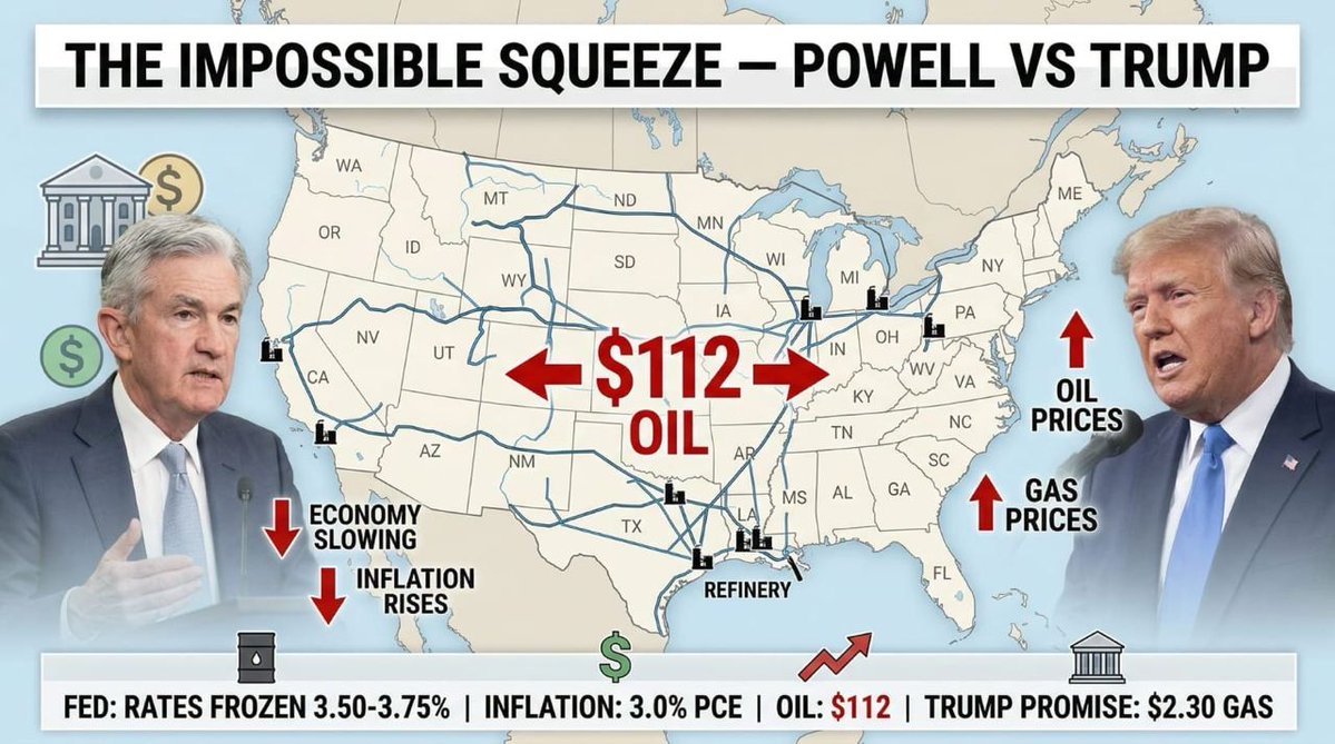 🚨 OIL JUST HIT $112. THE FED HAS ZERO GOOD OPTIONS LEFT. AND THE WORST PART HASN'T COME YET.

This is the moment nobody wants to talk about.

After one month of Iran war oil shock, the Fed is now boxed into 3 choices. Every single one is a nightmare:

⚠️ OPTION 1: RAISE RATES
→