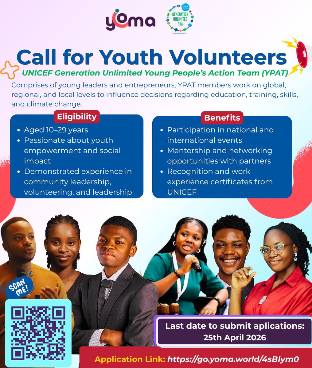 OlumideIDOWU's tweet photo. Applications are now open for youth volunteers with @UNICEF_Nigeria, offering an opportunity to contribute to impactful initiatives. Interested applicants can apply through the following link: https://t.co/7JiUhBTqcH https://t.co/PZmIGOPlRm