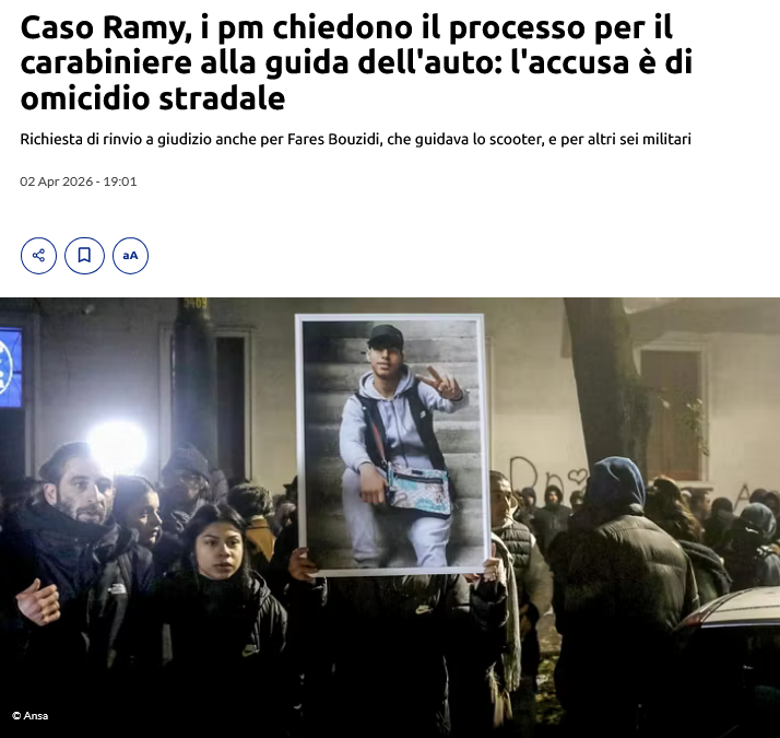 riktroiani's tweet image. 🔴 La Procura di #Milano ha chiesto il rinvio a giudizio per il #carabiniere alla guida dell'auto che inseguiva il 19enne #Ramy Elgaml. 

L'accusa è di omicidio stradale con "eccesso colposo nell'adempimento del dovere".

Chiesto il processo anche per #FaresBouzidi, che guidava