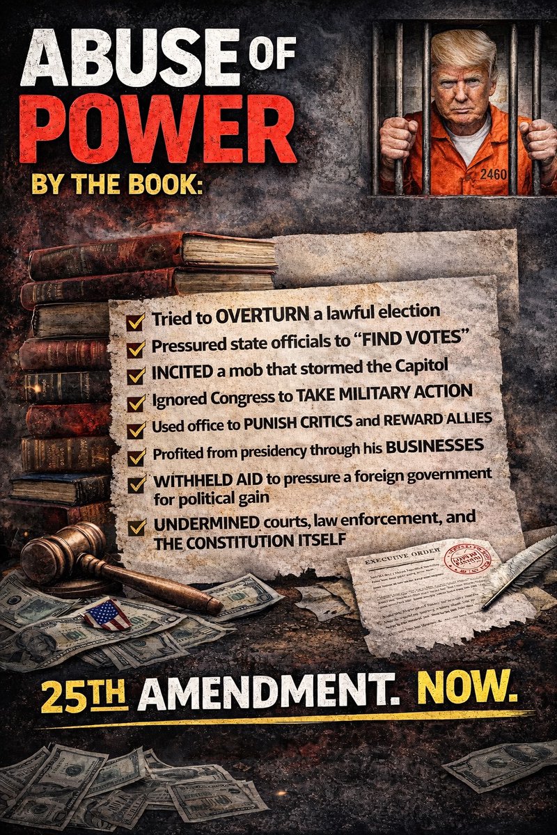 🤯 TRUMP'S ABUSE OF POWER BY THE BOOK
— Slapped erratic and irresponsible tariffs everywhere driving up costs for everyday Americans on everything!
— Tried to overturn a lawful election
— Pressured state officials to “find votes”
— Incited a mob that stormed the Capitol
— Ignored
