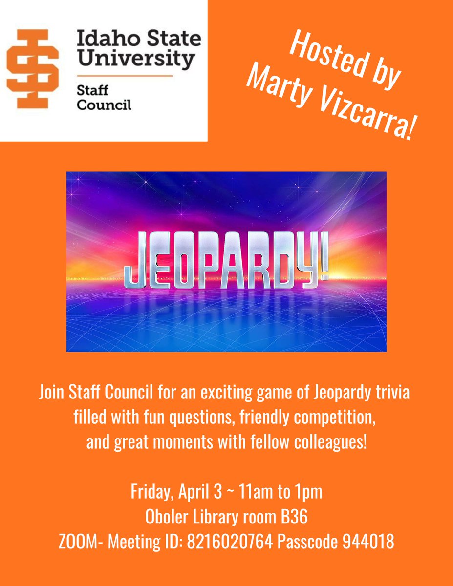 ISUStaffCouncil's tweet photo. Join Staff Council TOMORROW for a fun game of Jeopardy trivia hosted by our Staff Council President, Marty Vizcarra! https://t.co/ahVlHfw9yU