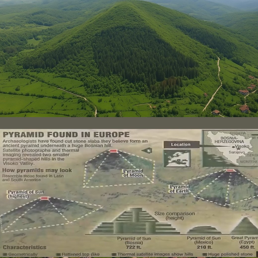 The 722-foot green hill in Visoko, Bosnia and Herzegovina totally dwarfs the Great Pyramid of Giza, yet experts write it off as a completely natural rock formation. 

Recent digging inside the surrounding Ravne tunnels is now hitting blocked-off dry-stone walls and measuring