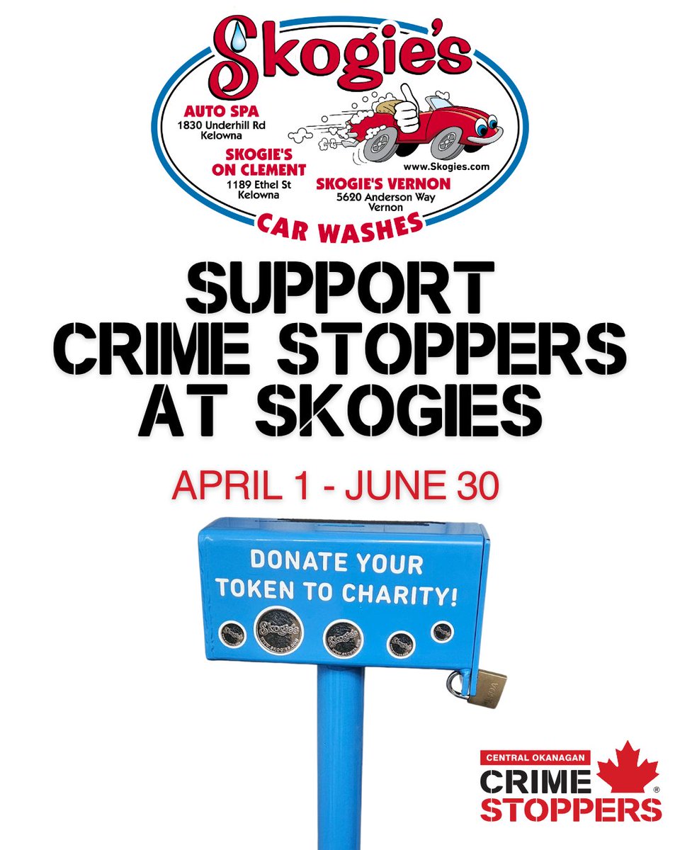You can help support Crime Stoppers tip rewards simply by donating your Skogies Car Wash tokens.

How it works:
✅ Visit any of the 3 Skogies locations 
✅ Look for the token donation box 
✅ Drop in unused or extra tokens
✅ Make an impact in your community!