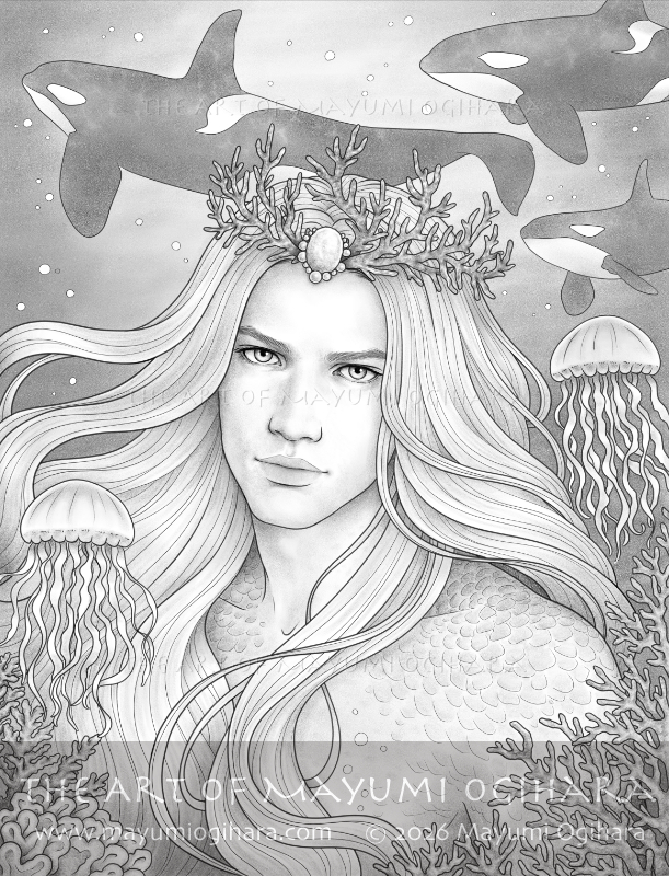 New colouring page "Sea-Crowned Prince" (line art, light &amp; dark greyscale set) 
40% OFF until Apr 8 🎉 Web shop mayumiogihara.com/b/y9jup &amp; Etsy mayumiogihara.etsy.com/listing/448193…