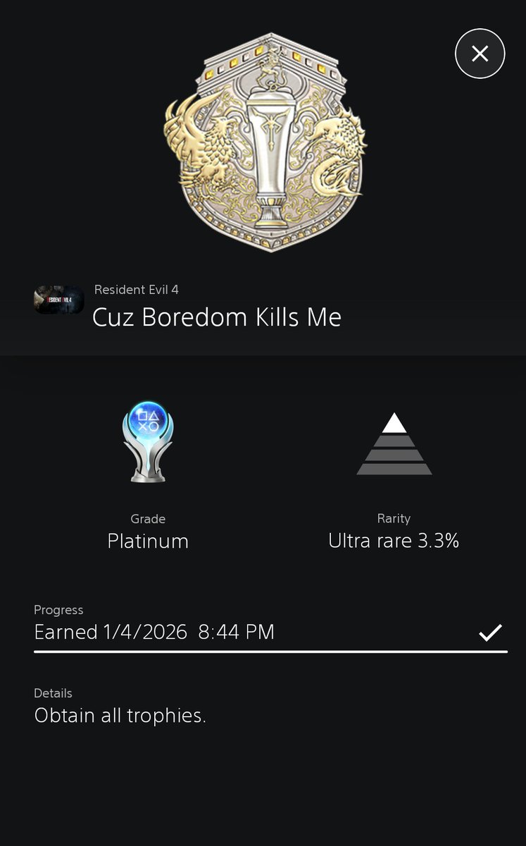 bobbydazzler500's tweet photo. Platinum:-Resident Evil 4 Remake PS4

Truly a magnificent game which had a big replay vibes to it esp as you had to do several ways + makes Leon such a big game character along the way 👍🎮 https://t.co/XhT1moeNOB